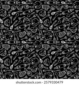 Kitchen utensils seamless pattern background. kitchen set seamless pattern background. hand drawn doodle of kitchen set pattern background. Doodle illustrations of cooking utensils