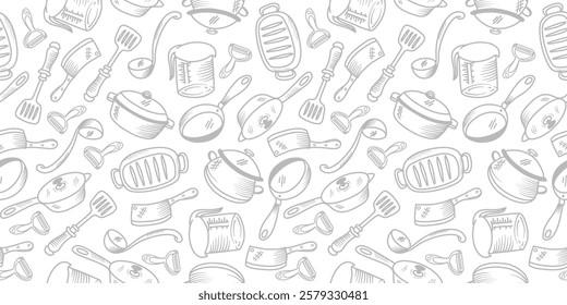 Kitchen utensils seamless pattern background. kitchen set seamless pattern background. hand drawn doodle of kitchen set pattern background. Doodle illustrations of cooking utensils