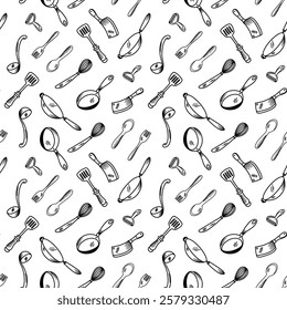 Kitchen utensils seamless pattern background. kitchen set seamless pattern background. hand drawn doodle of kitchen set pattern background. Doodle illustrations of cooking utensils