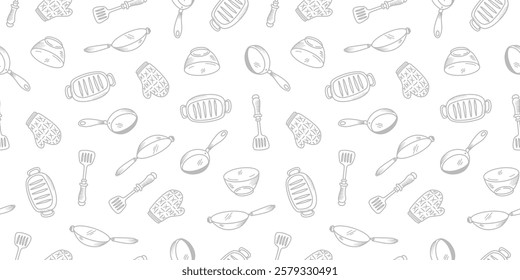 Kitchen utensils seamless pattern background. kitchen set seamless pattern background. hand drawn doodle of kitchen set pattern background. Doodle illustrations of cooking utensils