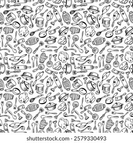 Kitchen utensils seamless pattern background. kitchen set seamless pattern background. hand drawn doodle of kitchen set pattern background. Doodle illustrations of cooking utensils