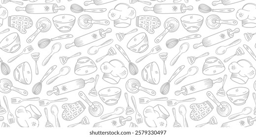 Kitchen utensils seamless pattern background. kitchen set seamless pattern background. hand drawn doodle of kitchen set pattern background. Doodle illustrations of cooking utensils