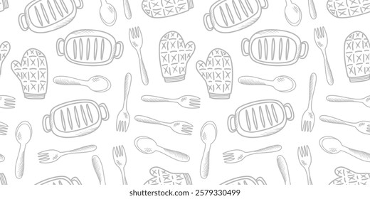 Kitchen utensils seamless pattern background. kitchen set seamless pattern background. hand drawn doodle of kitchen set pattern background. Doodle illustrations of cooking utensils