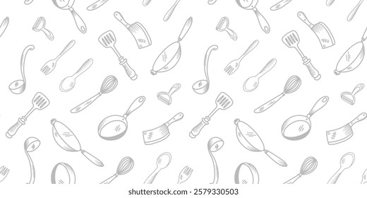 Kitchen utensils seamless pattern background. kitchen set seamless pattern background. hand drawn doodle of kitchen set pattern background. Doodle illustrations of cooking utensils