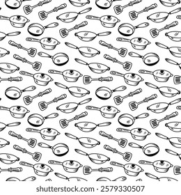 Kitchen utensils seamless pattern background. kitchen set seamless pattern background. hand drawn doodle of kitchen set pattern background. Doodle illustrations of cooking utensils