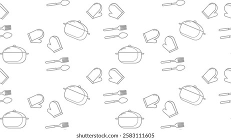 Kitchen utensils seamless pattern background. Kitchen set seamless pattern. Doodle of kitchen set, cooking utensils seamless pattern.  Perfect for fabrics, textiles, wallpaper, decor, print, packaging