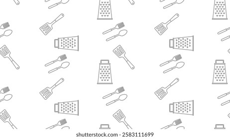 Kitchen utensils seamless pattern background. Kitchen set seamless pattern. Doodle of kitchen set, cooking utensils seamless pattern.  Perfect for fabrics, textiles, wallpaper, decor, print, packaging