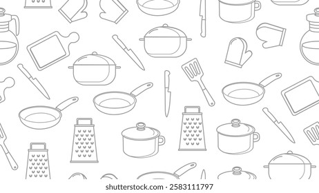 Kitchen utensils seamless pattern background. Kitchen set seamless pattern. Doodle of kitchen set, cooking utensils seamless pattern.  Perfect for fabrics, textiles, wallpaper, decor, print, packaging