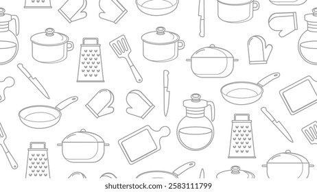 Kitchen utensils seamless pattern background. Kitchen set seamless pattern. Doodle of kitchen set, cooking utensils seamless pattern.  Perfect for fabrics, textiles, wallpaper, decor, print, packaging