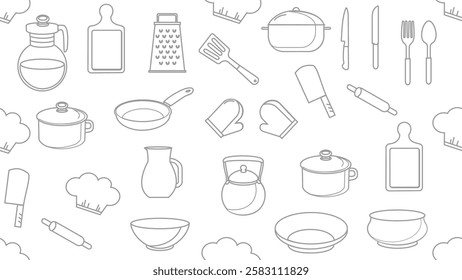 Kitchen utensils seamless pattern background. Kitchen set seamless pattern. Doodle of kitchen set, cooking utensils seamless pattern.  Perfect for fabrics, textiles, wallpaper, decor, print, packaging