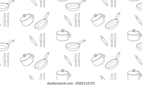 Kitchen utensils seamless pattern background. Kitchen set seamless pattern. Doodle of kitchen set, cooking utensils seamless pattern.  Perfect for fabrics, textiles, wallpaper, decor, print, packaging