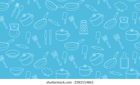 Kitchen utensils seamless pattern background. Kitchen set seamless pattern. Doodle of kitchen set, cooking utensils seamless pattern. Perfect for fabric, textile, wallpaper, decor, print, packaging. 