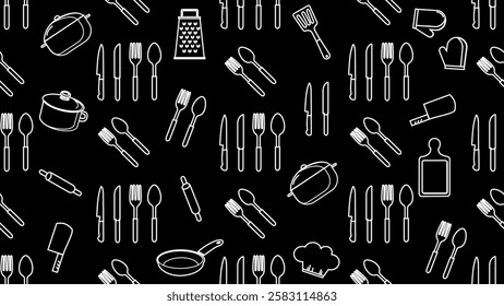 Kitchen utensils seamless pattern background. Kitchen set seamless pattern. Doodle of kitchen set, cooking utensils seamless pattern. Perfect for fabric, textile, wallpaper, decor, print, packaging. 