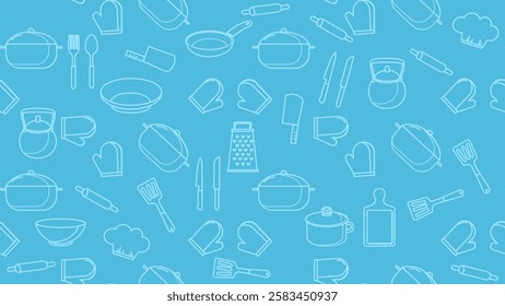 Kitchen utensils seamless pattern background. Kitchen set seamless pattern. Doodle of kitchen set, cooking utensils seamless pattern. Perfect for fabric, textile, wallpaper, decor, print, packaging. 