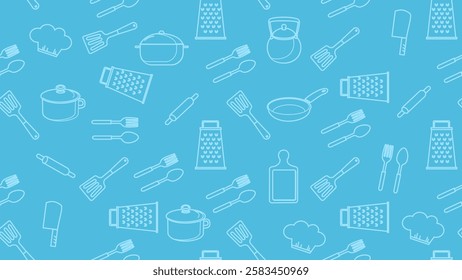 Kitchen utensils seamless pattern background. Kitchen set seamless pattern. Doodle of kitchen set, cooking utensils seamless pattern. Perfect for fabric, textile, wallpaper, decor, print, packaging. 