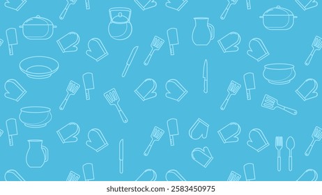 Kitchen utensils seamless pattern background. Kitchen set seamless pattern. Doodle of kitchen set, cooking utensils seamless pattern. Perfect for fabric, textile, wallpaper, decor, print, packaging. 