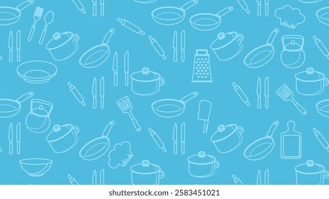 Kitchen utensils seamless pattern background. Kitchen set seamless pattern. Doodle of kitchen set, cooking utensils seamless pattern. Perfect for fabric, textile, wallpaper, decor, print, packaging. 