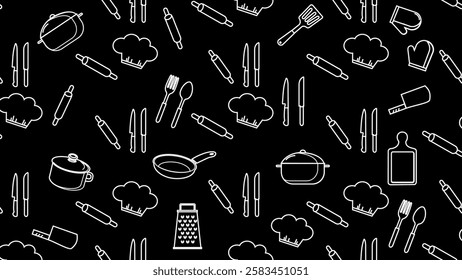 Kitchen utensils seamless pattern background. Kitchen set seamless pattern. Doodle of kitchen set, cooking utensils seamless pattern. Perfect for fabric, textile, wallpaper, decor, print, packaging. 