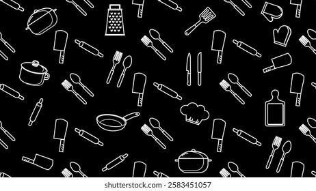 Kitchen utensils seamless pattern background. Kitchen set seamless pattern. Doodle of kitchen set, cooking utensils seamless pattern. Perfect for fabric, textile, wallpaper, decor, print, packaging. 