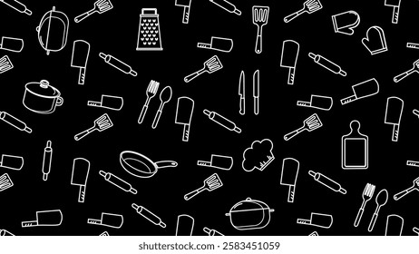 Kitchen utensils seamless pattern background. Kitchen set seamless pattern. Doodle of kitchen set, cooking utensils seamless pattern. Perfect for fabric, textile, wallpaper, decor, print, packaging. 