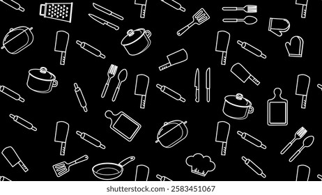 Kitchen utensils seamless pattern background. Kitchen set seamless pattern. Doodle of kitchen set, cooking utensils seamless pattern. Perfect for fabric, textile, wallpaper, decor, print, packaging. 