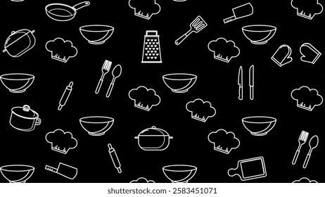 Kitchen utensils seamless pattern background. Kitchen set seamless pattern. Doodle of kitchen set, cooking utensils seamless pattern. Perfect for fabric, textile, wallpaper, decor, print, packaging. 