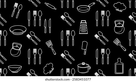 Kitchen utensils seamless pattern background. Kitchen set seamless pattern. Doodle of kitchen set, cooking utensils seamless pattern. Perfect for fabric, textile, wallpaper, decor, print, packaging. 