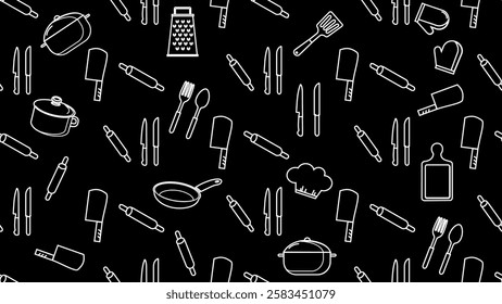 Kitchen utensils seamless pattern background. Kitchen set seamless pattern. Doodle of kitchen set, cooking utensils seamless pattern. Perfect for fabric, textile, wallpaper, decor, print, packaging. 