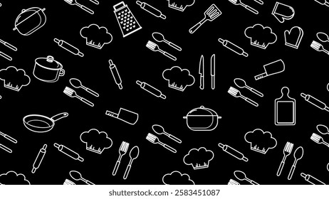 Kitchen utensils seamless pattern background. Kitchen set seamless pattern. Doodle of kitchen set, cooking utensils seamless pattern. Perfect for fabric, textile, wallpaper, decor, print, packaging. 