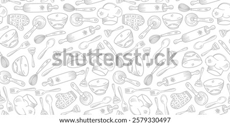 Kitchen utensils seamless pattern background. kitchen set seamless pattern background. hand drawn doodle of kitchen set pattern background. Doodle illustrations of cooking utensils