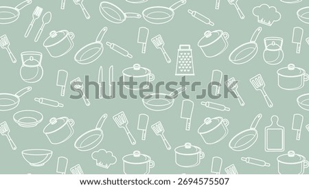 Kitchen utensils seamless pattern background. Kitchen set seamless pattern. Doodle of kitchen set, cooking utensils seamless pattern. Perfect for fabric, textile, wallpaper, decor, print, packaging. 