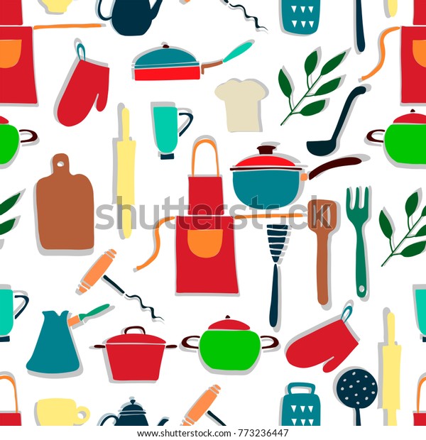 Kitchen Utensils Seamless Pattern Cute Cartoon Stock Vector