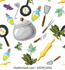 Kitchen utensils seamless pattern. Hand drawn pop-art cartoon style. Vector illustration