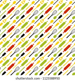 Kitchen utensils seamless pattern isolated. Poster, banner template. Illustration can be used as print for fabric, apparel, clothes, cards, packaging design. Cool for paper and table cloth print.