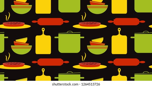 Kitchen utensils seamless pattern isolated. Poster, banner template. Illustration can be used as print for fabric, apparel, clothes, cards, packaging design. Cool for paper and table cloth print