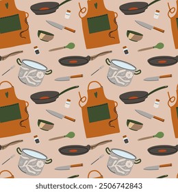 Kitchen utensils seamless pattern. Kitchenware tools background. Frying pan, saucepan, knives and forks. Modern contemporary textile, wrapping paper, wallpaper design, print for fabric vector