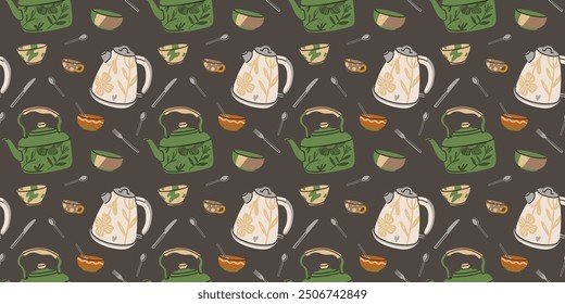 Kitchen utensils seamless pattern. Kitchenware tools background. Frying pan, saucepan, knives and forks. Modern contemporary textile, wrapping paper, wallpaper design, print for fabric vector