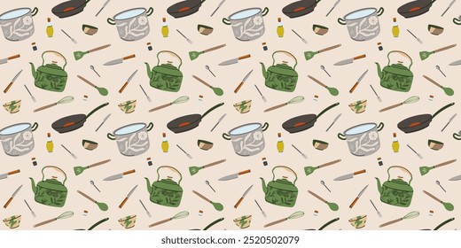 Kitchen utensils seamless pattern. Kitchenware tools background. Frying pan, saucepan, knives and forks. Modern contemporary textile, wrapping paper, wallpaper design, print for fabric vector