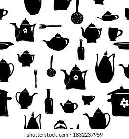 Kitchen utensils seamless pattern monochrome. Vector illustration