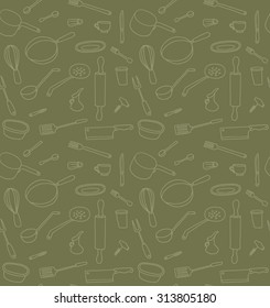 Kitchen Utensils seamless pattern on green background, vector