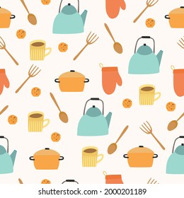 Kitchen utensils seamless pattern. Pot and kettle