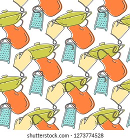 Kitchen utensils seamless pattern vector illustration. Cooking equipment endless background. Home textile and wrapping texture.