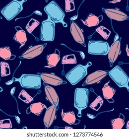 Kitchen utensils seamless pattern vector illustration. Cooking equipment endless background. Home textile and wrapping texture.