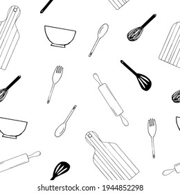 kitchen utensils seamless pattern. wallpaper, textiles. hand drawn doodle style. vector, minimalism, monochrome, sketch. fork, spoon, whisk spatula rolling pin cutting board food cooking