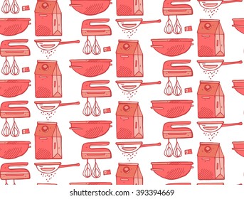 Kitchen utensils seamless pattern.Hand draw doodle  illustration.Kitchenware and cooking utensils colorful.Perfect background with cooking equipment can be used as a background for menu, bakery market