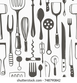 Kitchen Utensils Seamless Vector Freehand Pattern