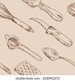 Kitchen utensils seamless vector pattern vintage stylized for cookbook, menu or other design in vintage style, EPS8