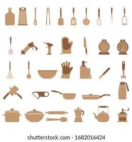 Kitchen utensils set of 36 different icons. Hand held tools  for food preparation. Kitchenware essentials.