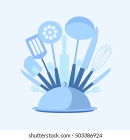 Kitchen utensils set. Cloche icon. Vector flat illustration