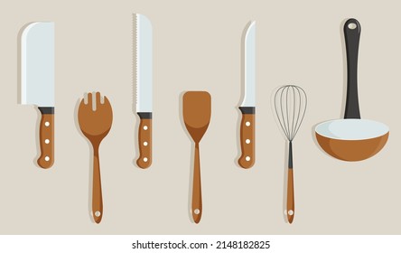 Küchengerät. Sammlung von grafischen Elementen, Plakaten und Bannern. Knife, Leiter, Kochwerkzeuge, Aufkleber für soziale Medien. Realistische isometrische Vektorgrafiken einzeln auf beigem Hintergrund